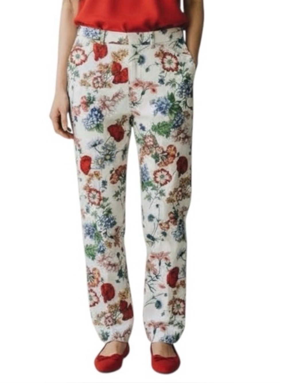 Zara Floral Straight Leg Flat Front Trouser Hi Rise Pants size XS